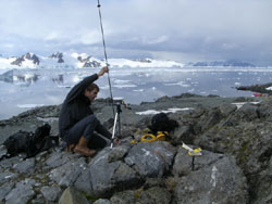 Measuring the tripod height on Leonie Island 
